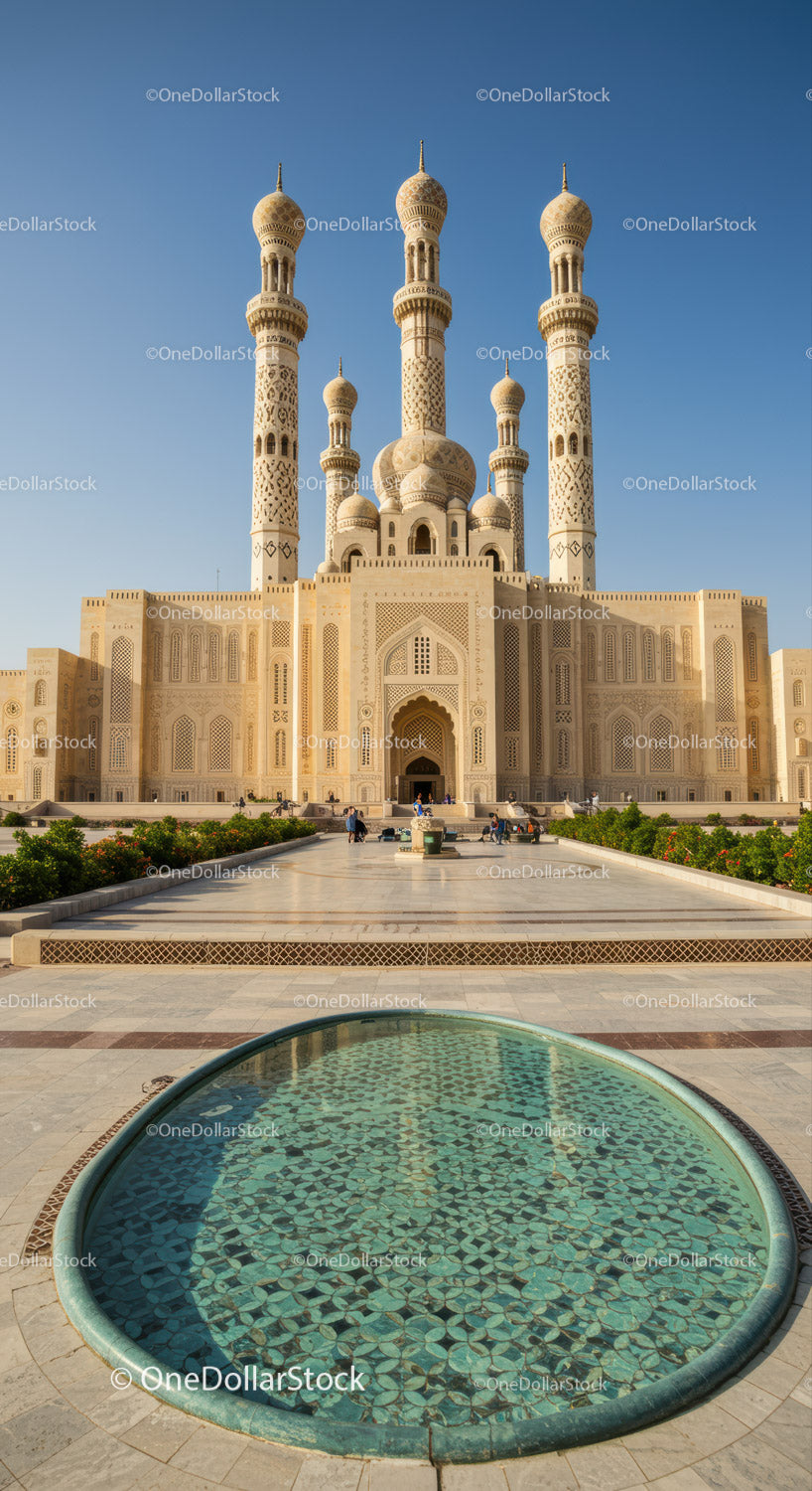 Majestic Mosque with Minarets and Blue Sky in Middle East