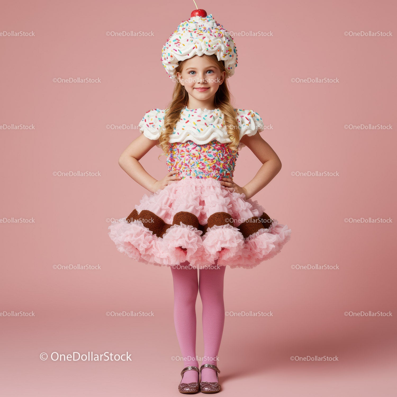 Little girl dressed as colorful cupcake costume