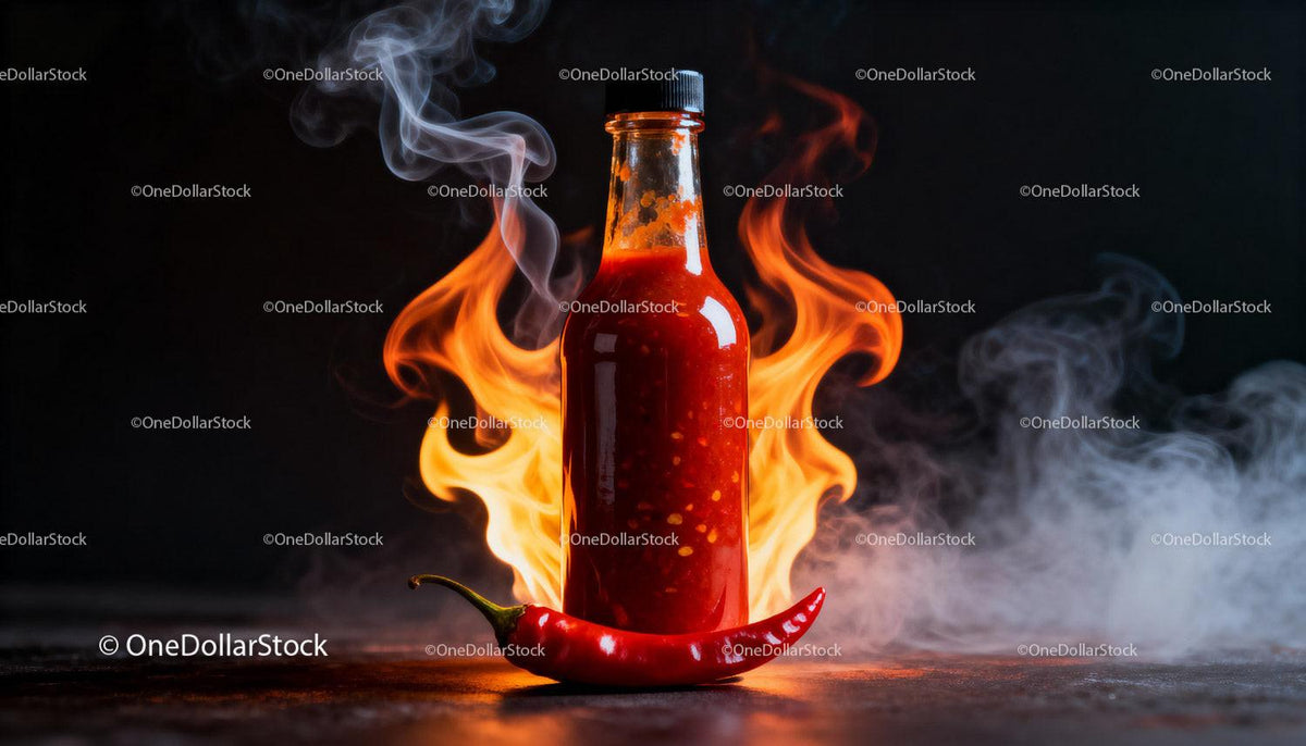Hot Chili Sauce Bottle Surrounded by Fiery Flames