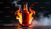 Hot Chili Sauce Bottle Surrounded by Fiery Flames