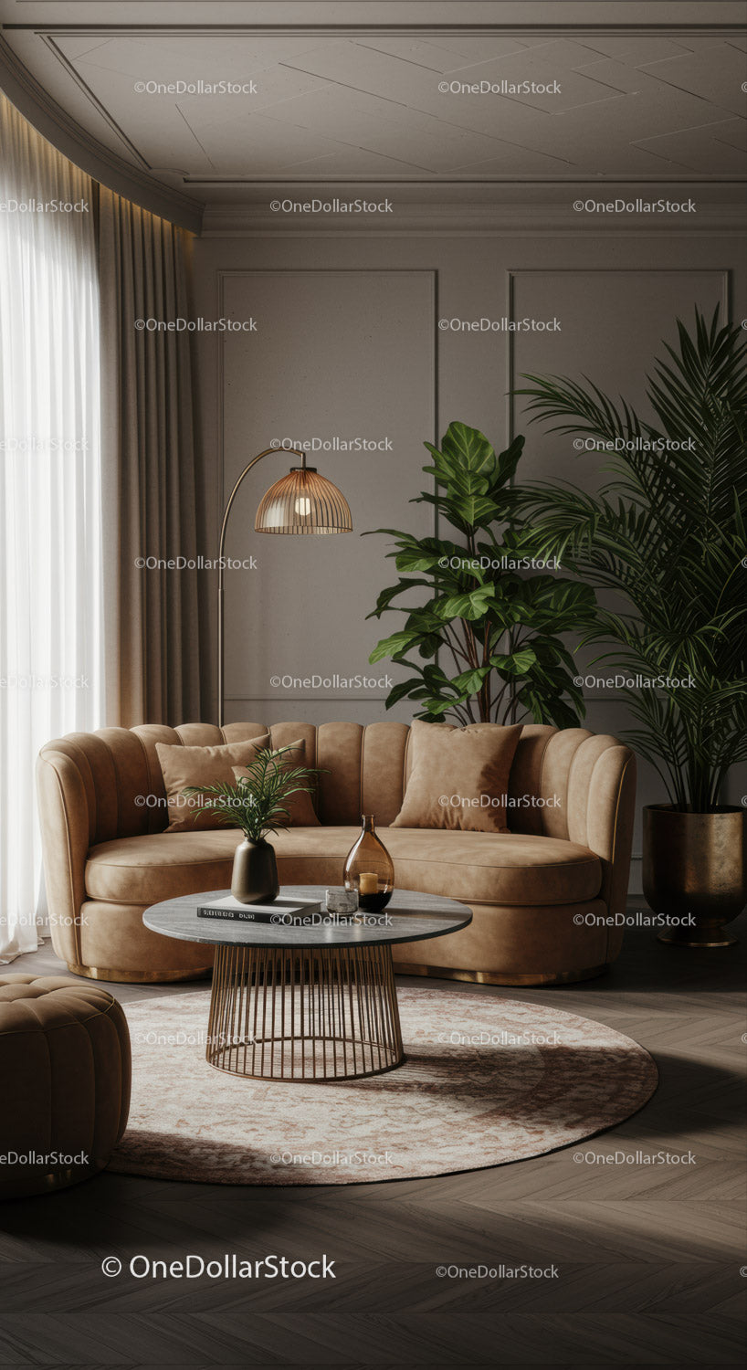Przytulna beżowa sofa z zielenią i nowoczesnym wystrojem