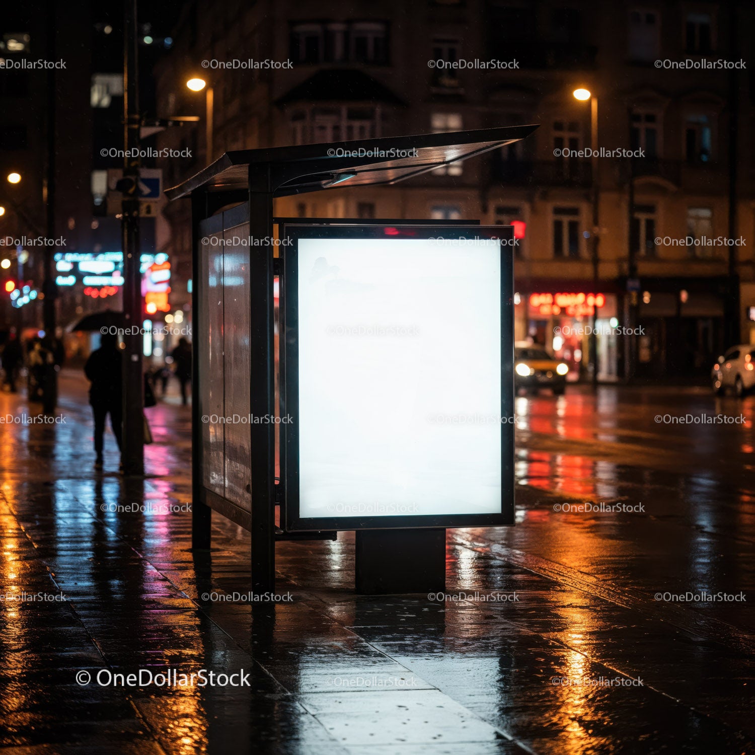 Night City Street Scene with Bright Advertisement and Rain Reflections