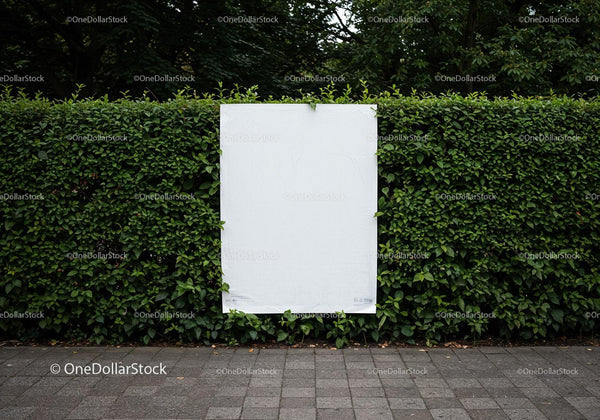Blank white poster on green hedge with stone pavement JPG Mockup Image