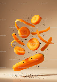 Fresh carrot slices and peels floating with soil