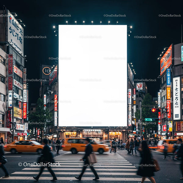 Nighttime city crosswalk with busy urban billboard JPG Mockup Image