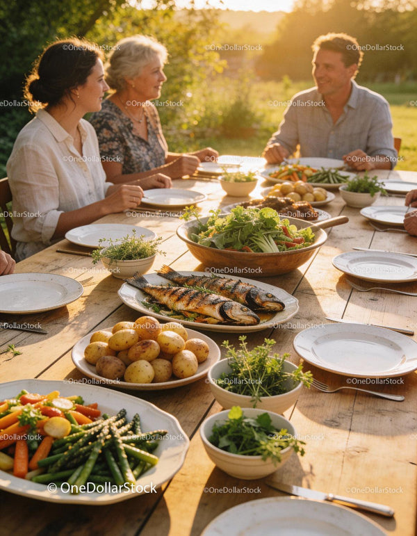 Family enjoying a fresh outdoor summer dinner together