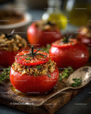 Stuffed Tomatoes with Breadcrumbs and Herbs on Rustic Wooden Board