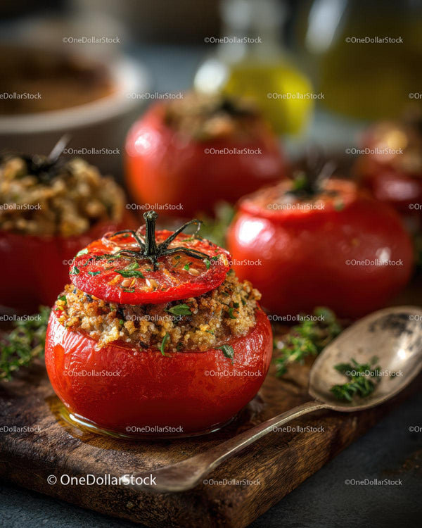 Stuffed Tomatoes with Breadcrumbs and Herbs on Rustic Wooden Board