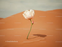 Delicate white flower blooming in vast orange desert