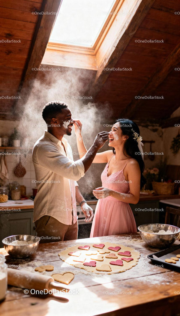 Couple enjoying playful valentines cookie baking together