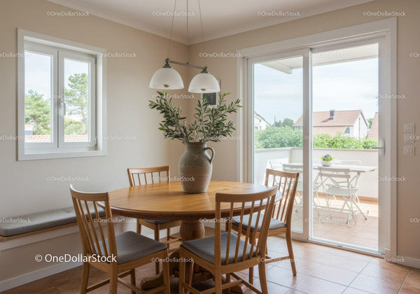 Cozy dining area with round wooden table and balcony view