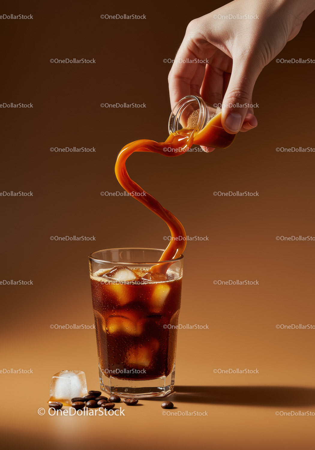 Pouring Cream into Iced Coffee with Coffee Beans