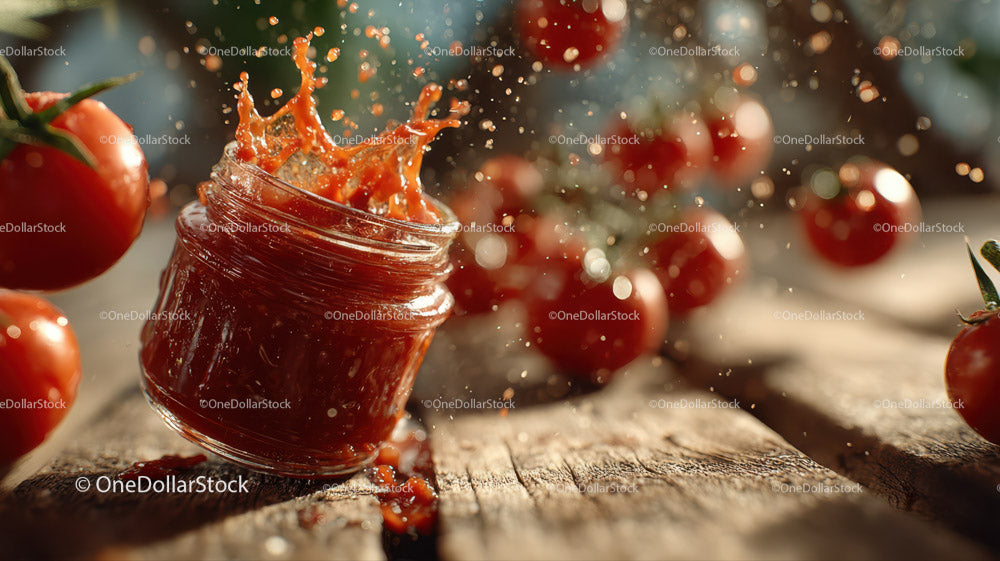 Vibrant Tomato Sauce Splash with Fresh Tomatoes in Background