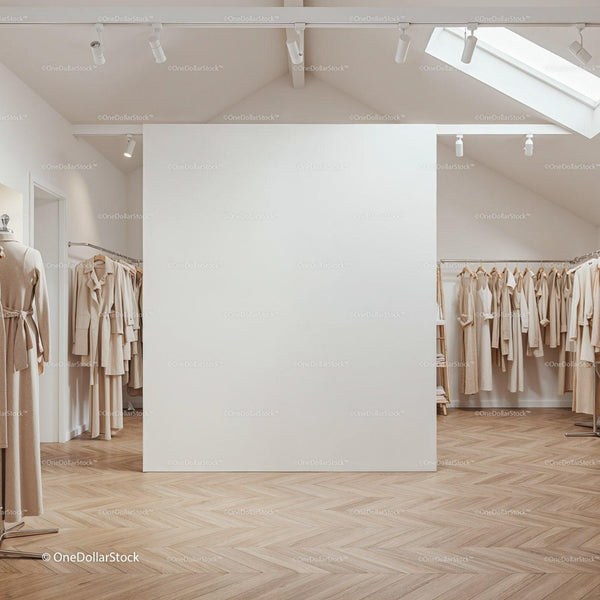 Minimalist Boutique Interior with Neutral Clothing Display JPG Mockup Image