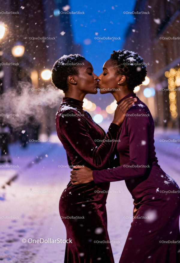 Two Black Women Kissing Tenderly in Snowy Evening