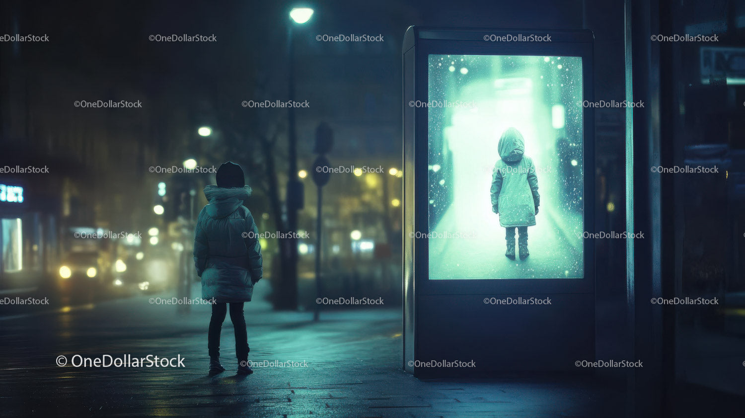 Lonely Girl Waiting by Neon-Lit Digital Billboard in City Night