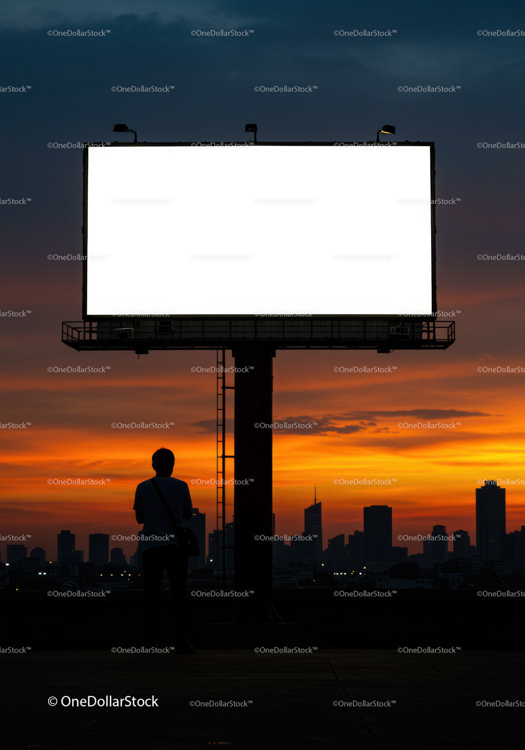 Person Watching Blank Billboard at City Sunset