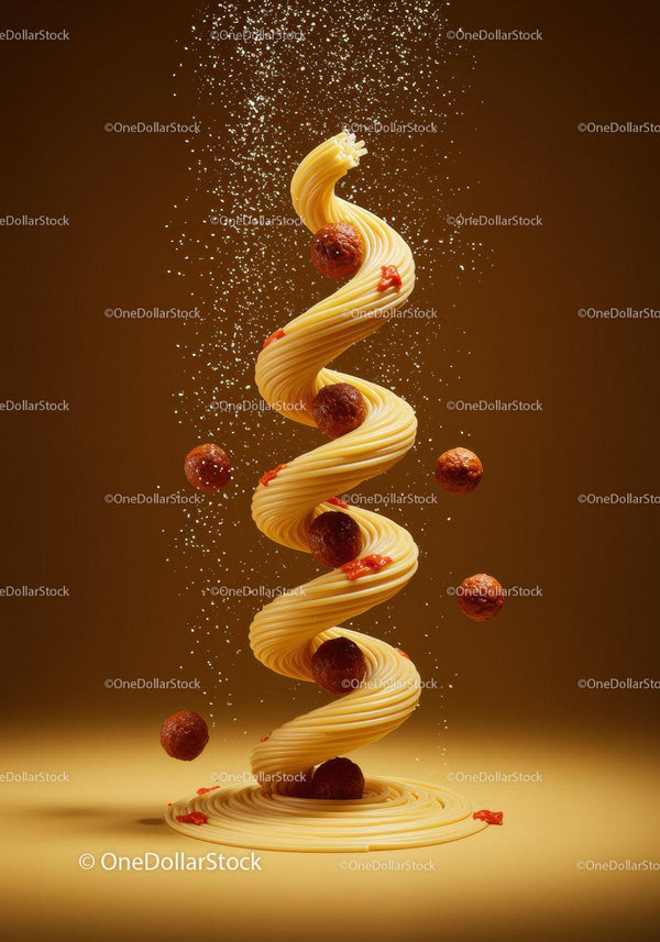 Spiral of spaghetti with meatballs and tomato sauce