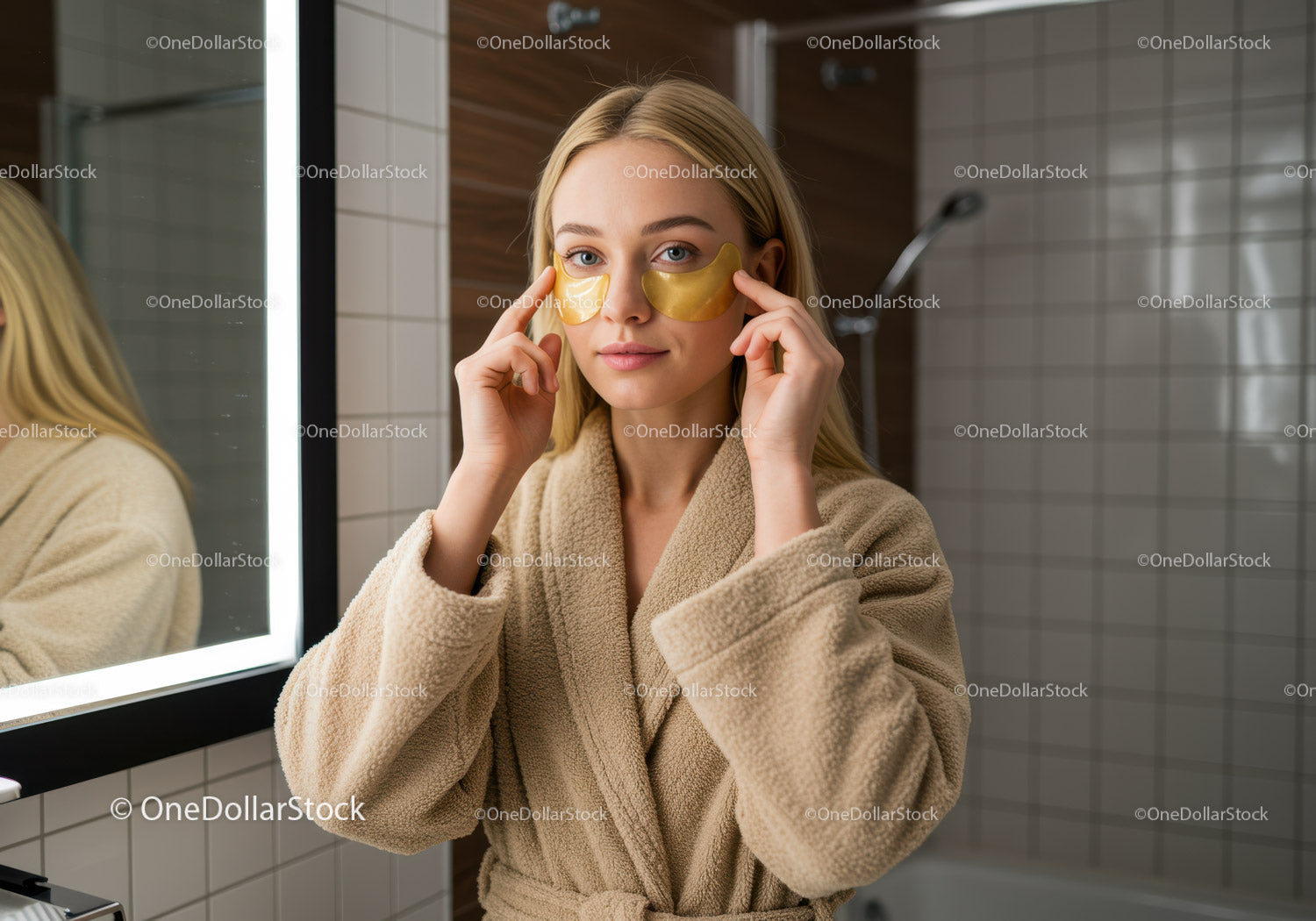 Elegancka młoda kobieta nakładająca złote plastry na oczy w salonie spa