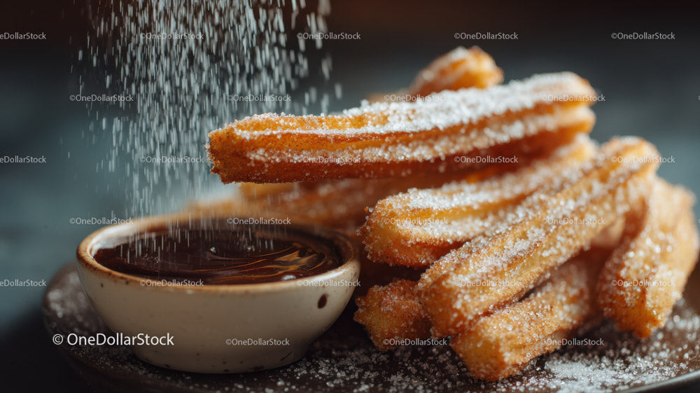 Freshly Fried Churros with Chocolate Dipping Sauce on Dark Background