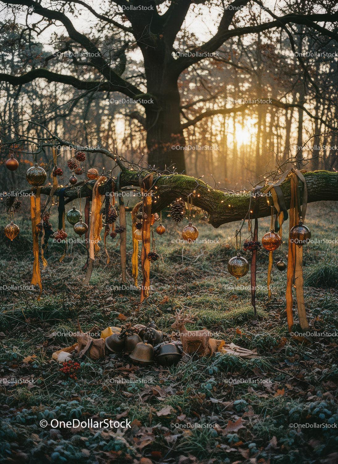 Rustic outdoor decorations on a mossy tree branch at sunset