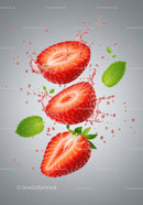 Fresh Strawberry Halves with Water Splash and Mint Leaves