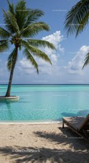 Tropical Beach Scene with Palm Trees and Clear Blue Water