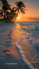 Scenic Tropical Beach Sunset with Palm Trees and Ocean Waves
