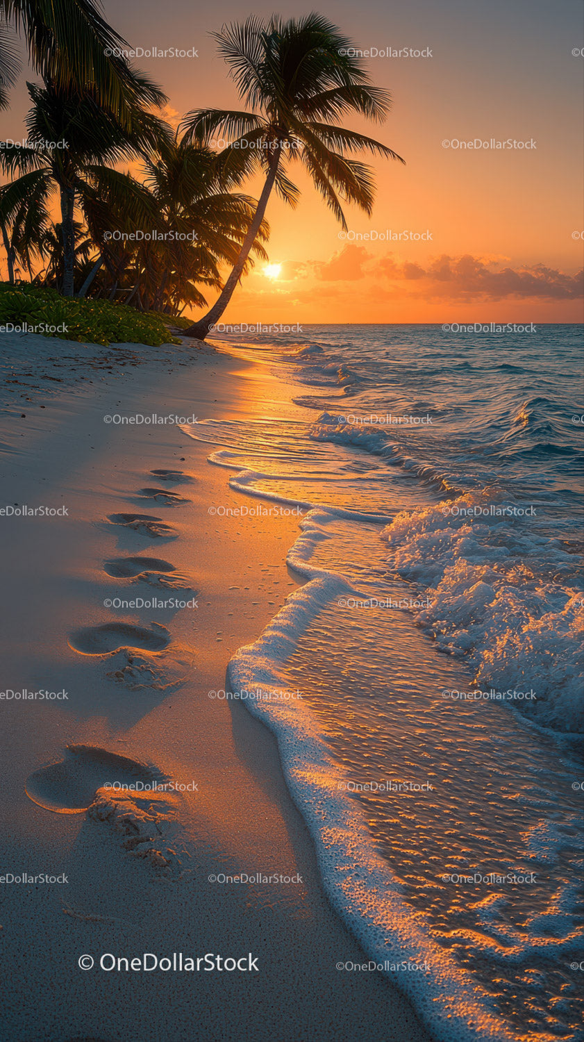 Scenic Tropical Beach Sunset with Palm Trees and Ocean Waves