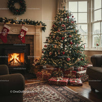 Cozy living room with decorated Christmas tree and fireplace