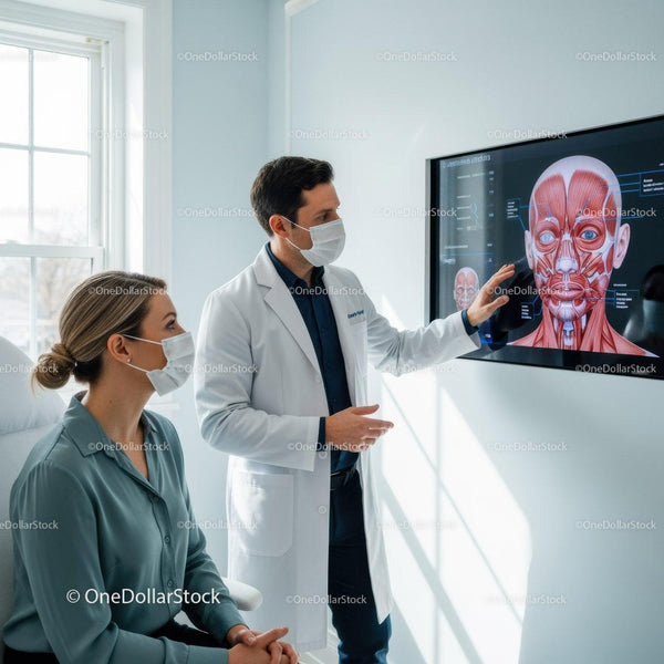 Healthcare Professionals Analyzing Human Muscular Anatomy on Digital Screen