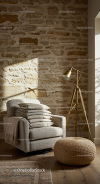 Cozy armchair with cushions by textured stone wall