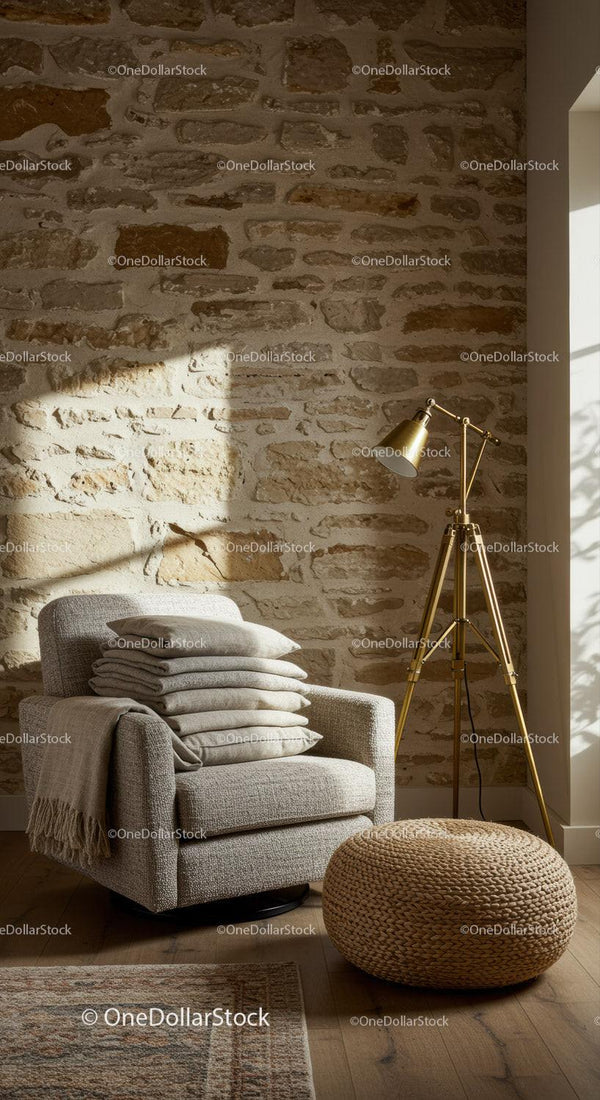 Cozy armchair with cushions by textured stone wall