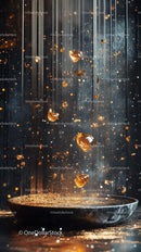 Shimmering Gold Stones Falling into a Splashing Bowl Scene