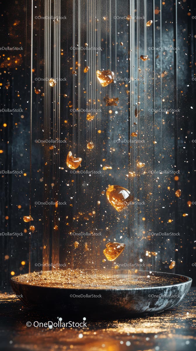 Shimmering Gold Stones Falling into a Splashing Bowl Scene