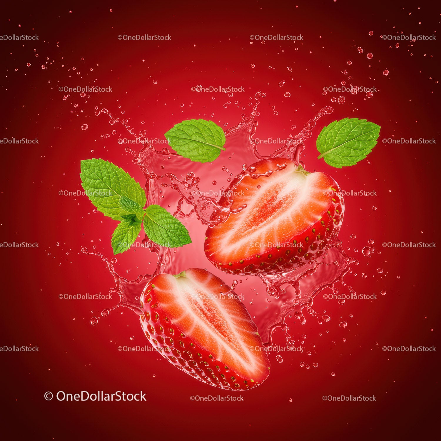 Fresh Strawberries and Mint Leaves Splashing in Water