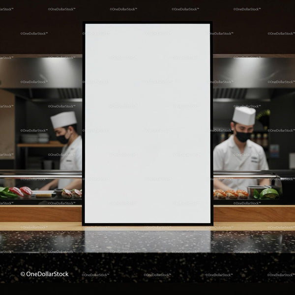 Blank menu board in front of sushi chefs at counter JPG Mockup Image