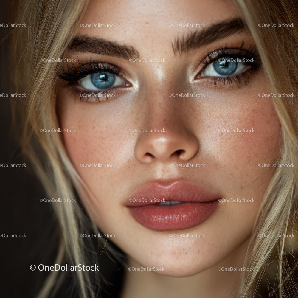 Portret kobiety z jasnoniebieskimi oczami i piegami