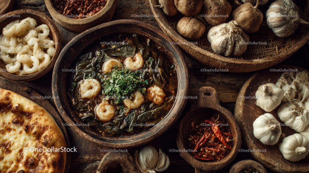 Seafood Shrimp Dish with Herbs and Garlic on Rustic Wooden Table