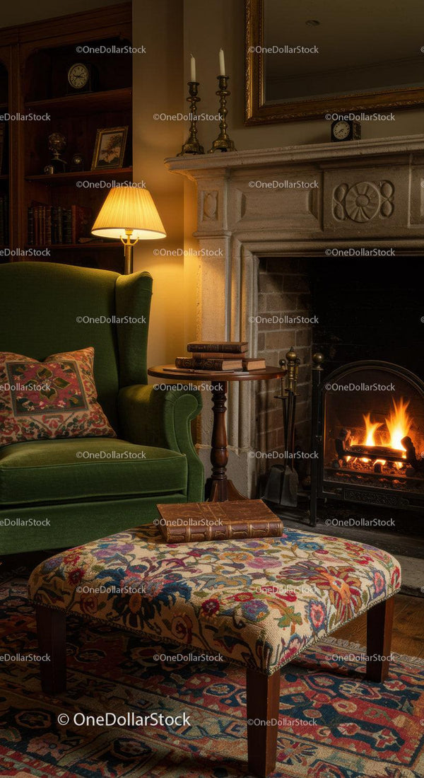 Cozy living room corner with fireplace and vintage decor