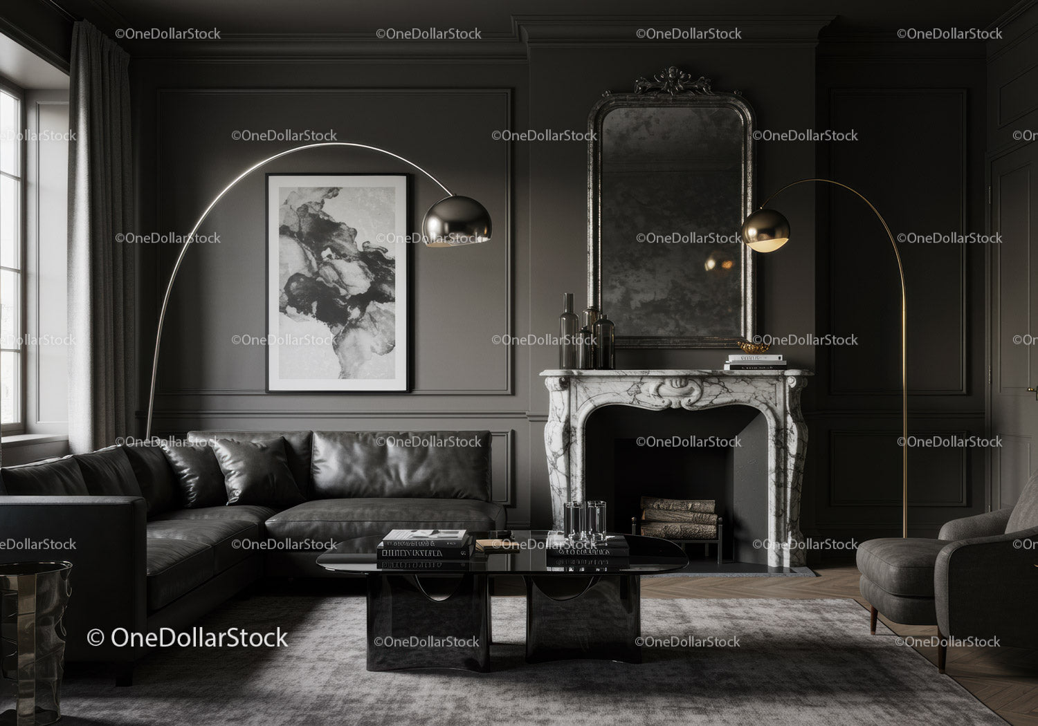 Elegancki salon z ciemną skórzaną sofą i marmurowym kominkiem
