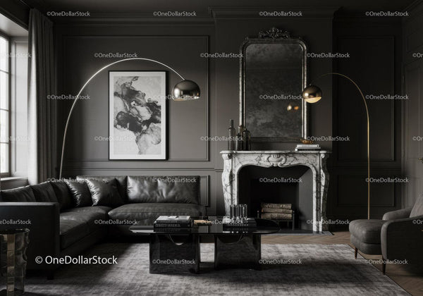 Elegant living room with dark leather sofa and marble fireplace