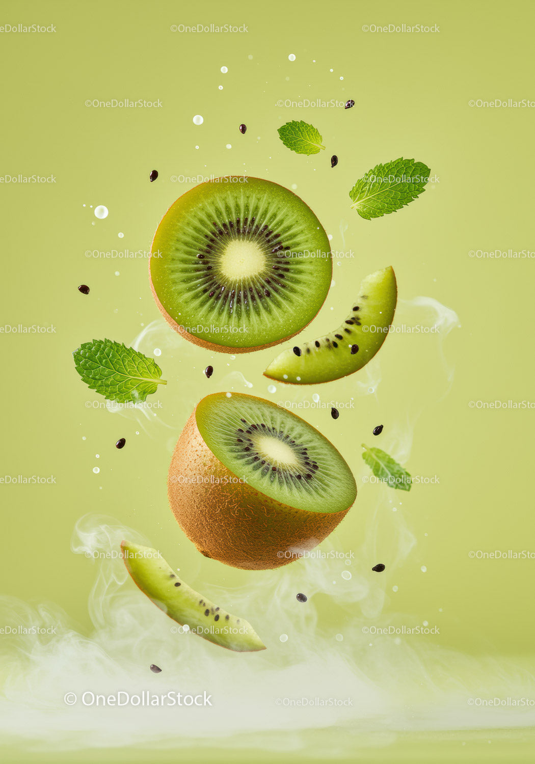 Świeże plasterki kiwi z listkami mięty i odrobiną wody