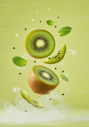 Fresh kiwi slices with mint leaves and water splash