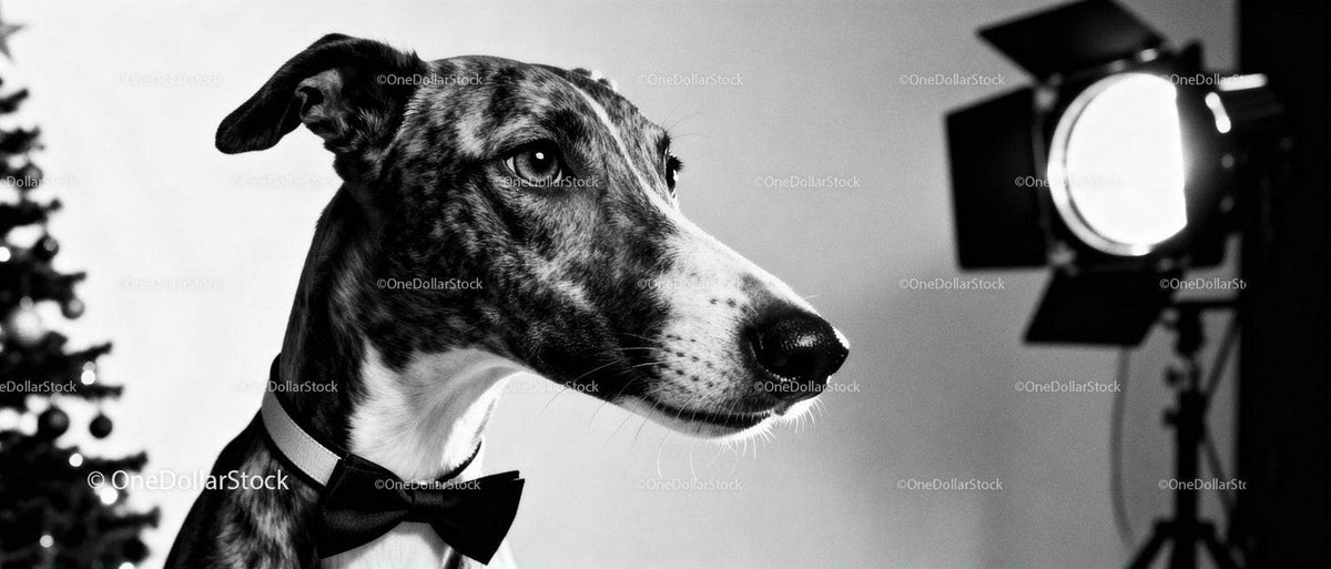Elegant greyhound wearing bow tie near studio light
