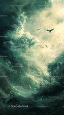 Dark Turbulent Sky with Flying Birds and Storm Clouds
