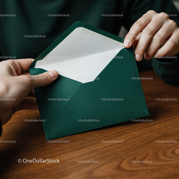 Hands exchanging dark green envelope on wooden table JPG Mockup Image