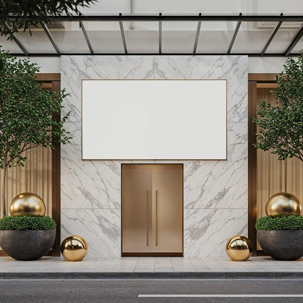 Modern marble entrance with gold accents and greenery JPG Mockup Image
