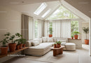 Bright living room with beige sofa and indoor plants