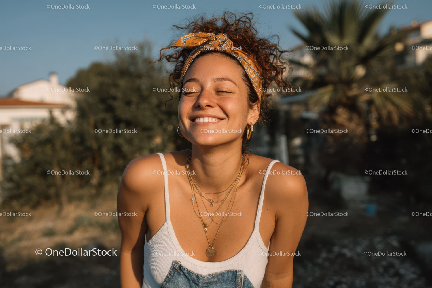 Joyful Young Woman Smiling Outdoors in Warm Sunset Light